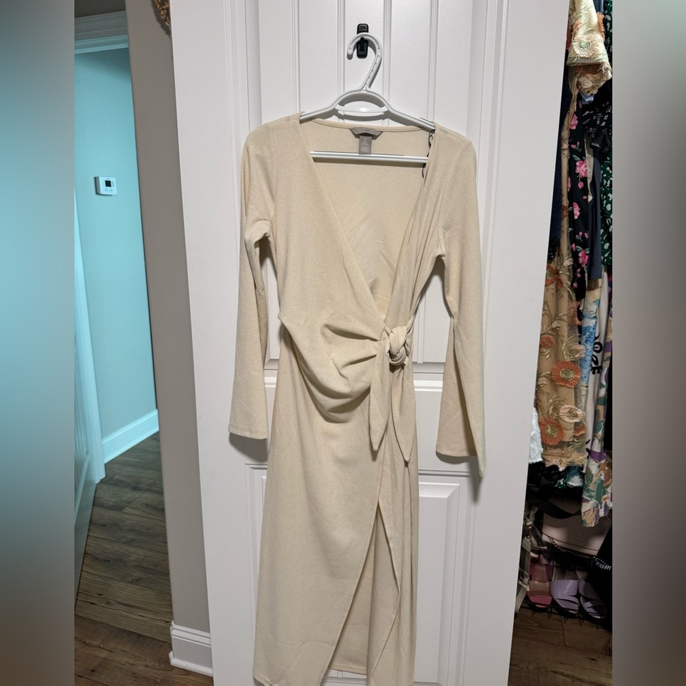 H&M Cream Long Sleeve Wrap Dress